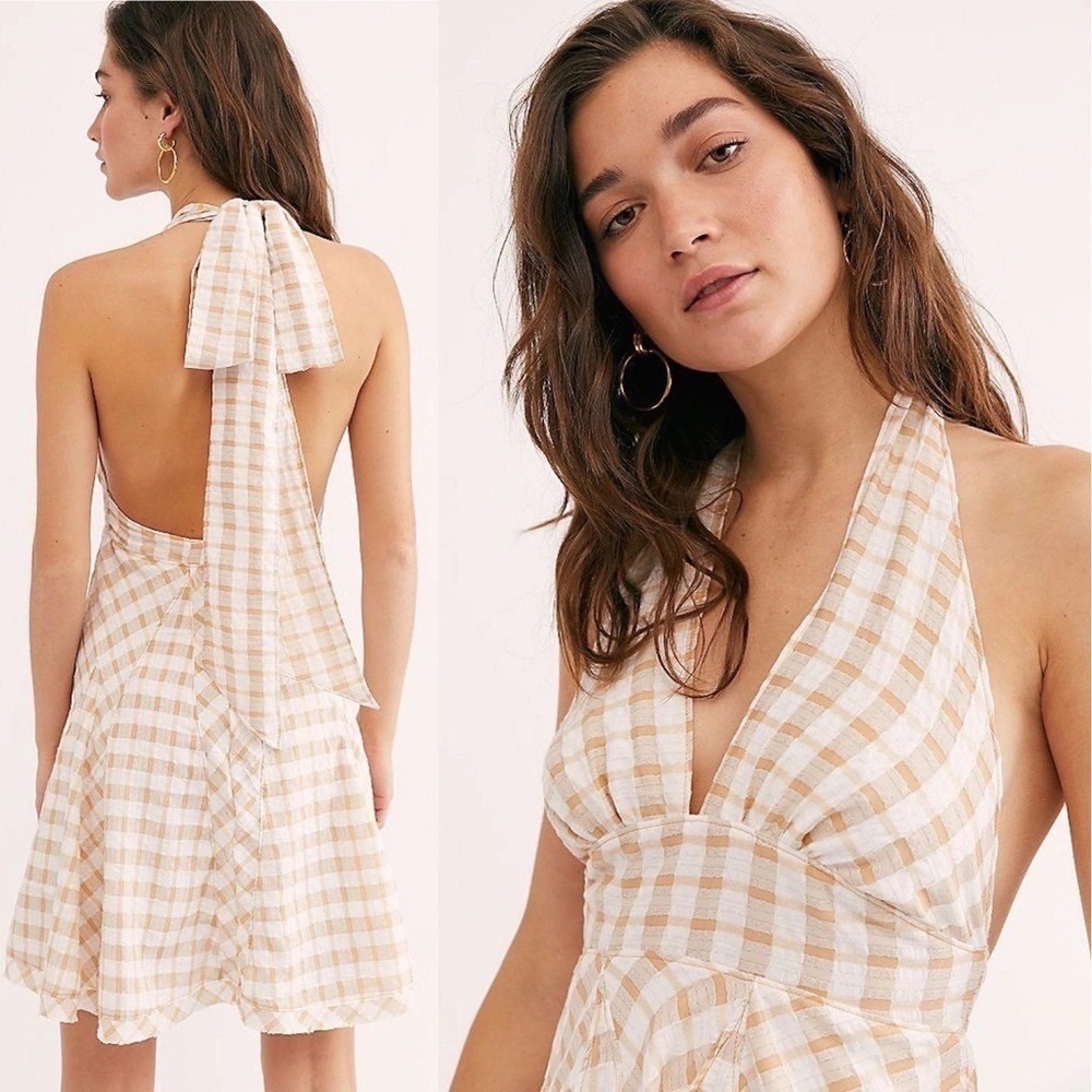 Free People Dress Do The Twist Gingham Mini Halter Backless Summer Tea 2 6 NWT